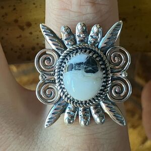 Natural White Buffalo Sterling Silver Feather Ring Size 8.25